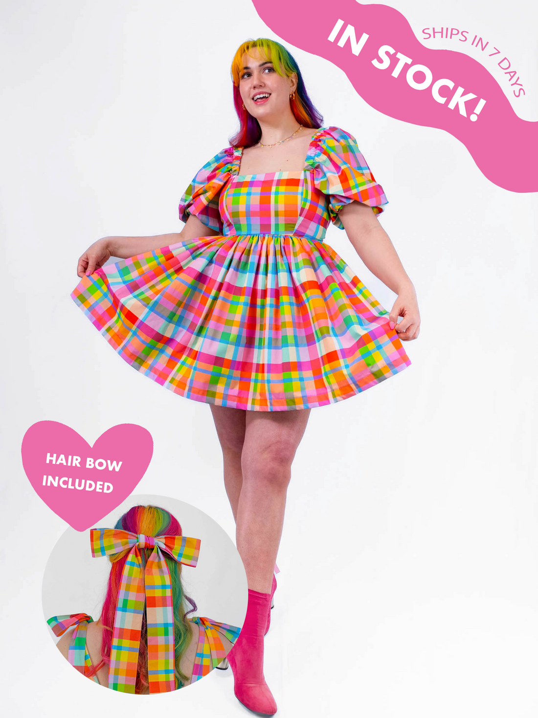 DELIGHTFUL MINI DRESS RAINBOW CHECKERS