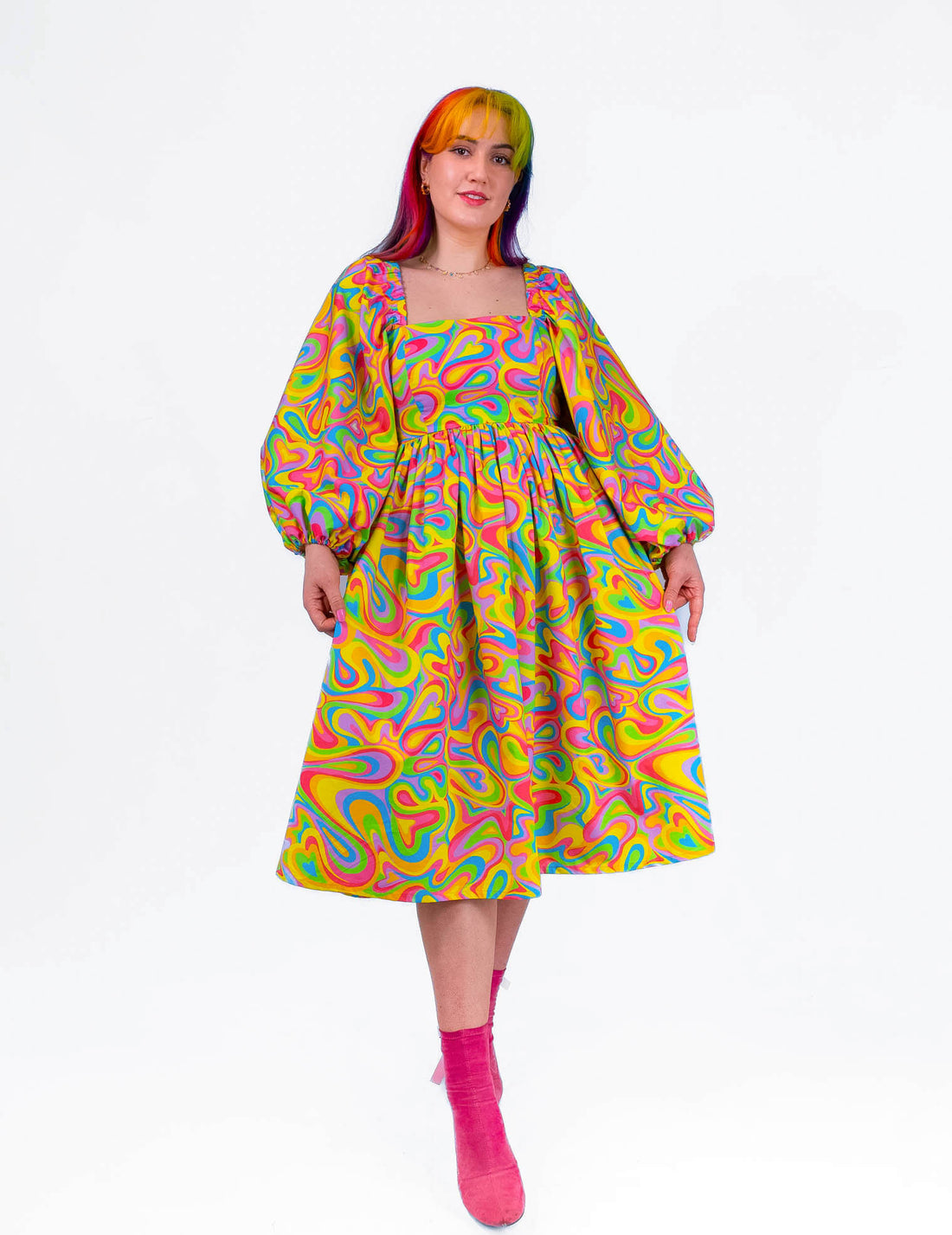 DELIGHTFUL MIDI DRESS - RAINBOW SWIRLS – DOWK