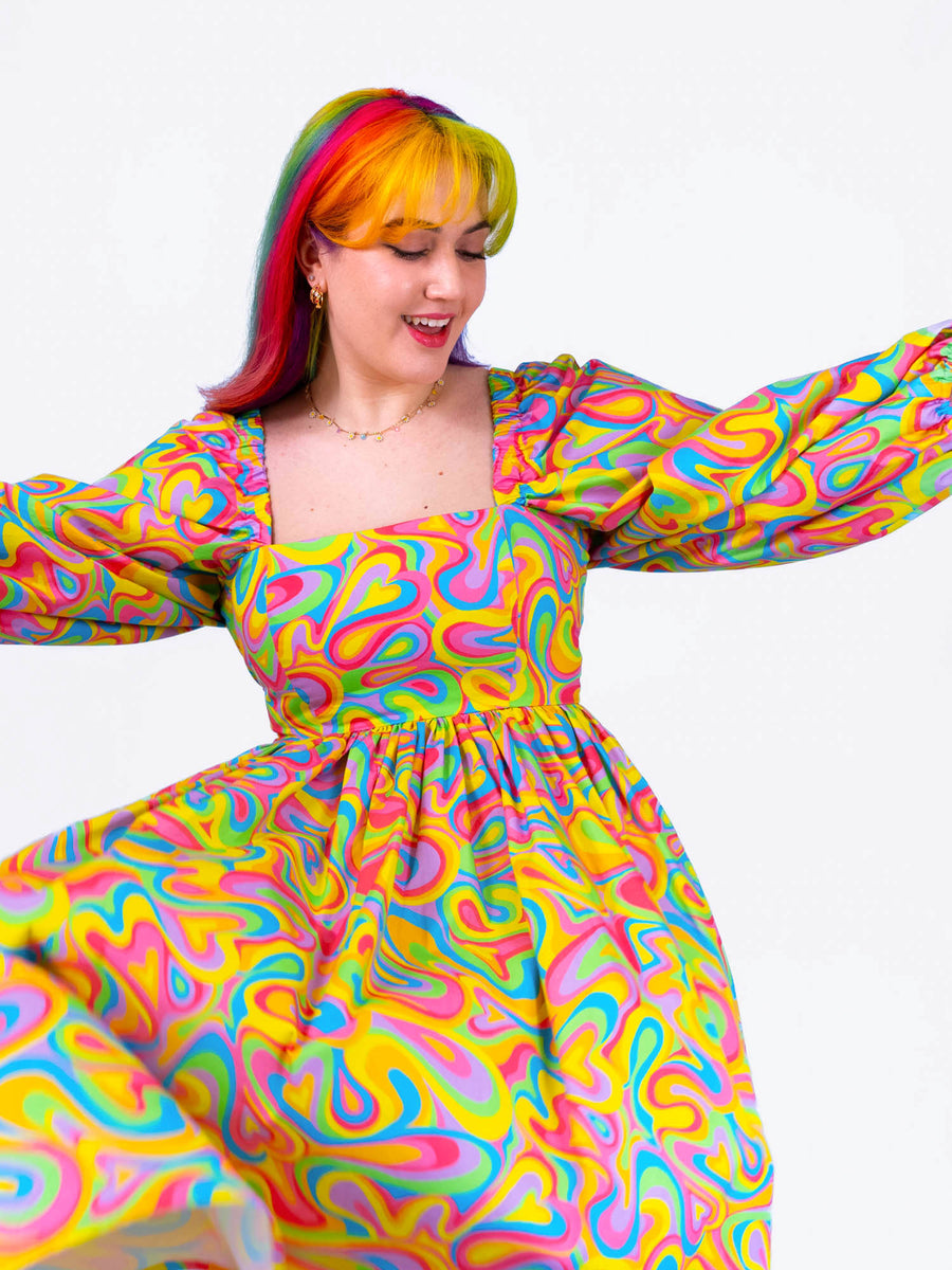 DELIGHTFUL MIDI DRESS - RAINBOW SWIRLS