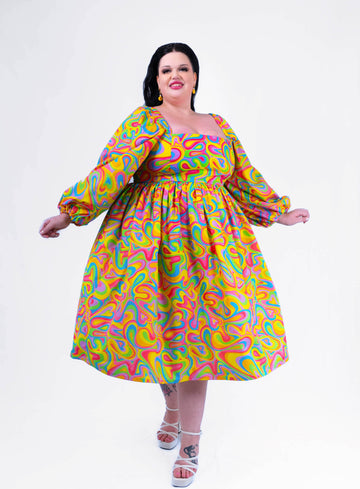 DELIGHTFUL MIDI DRESS - RAINBOW SWIRLS