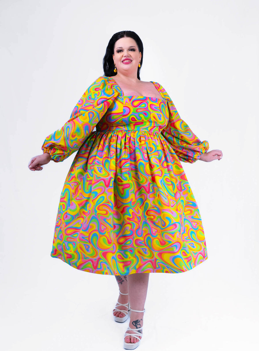DELIGHTFUL MIDI DRESS - RAINBOW SWIRLS