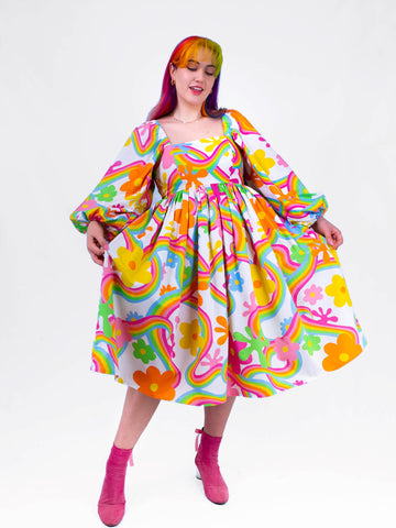 DELIGHTFUL MIDI DRESS - RAINBOW FLOWERS